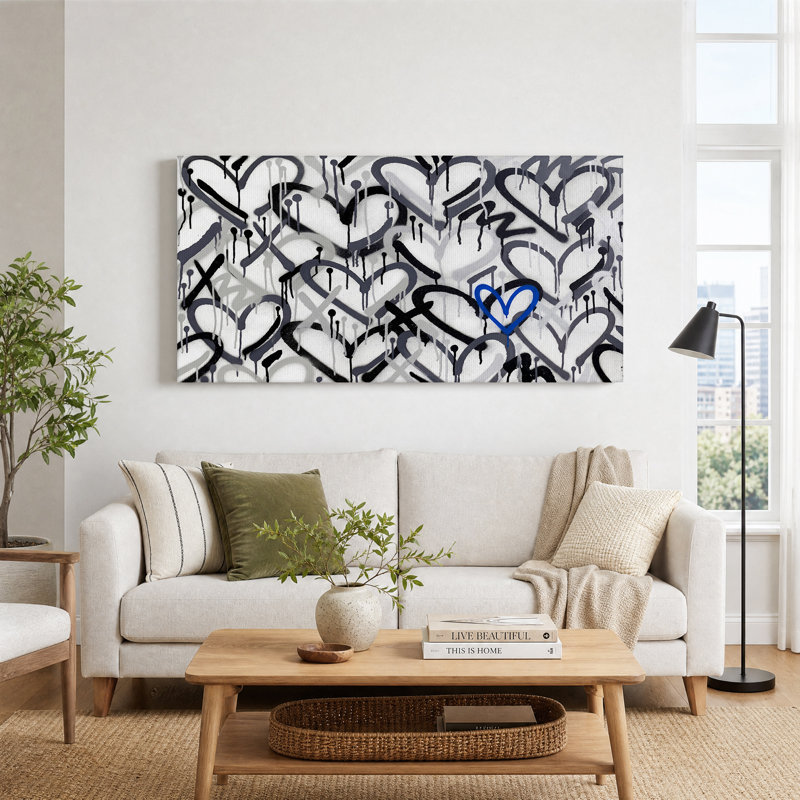 Art mural noir et gris avec cœurs de graffiti sur toile bleue, L 46 po x H 24 po