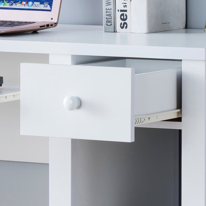 Bureau, bureau d'écriture avec un tiroir et une tablette ouverte, Blanc