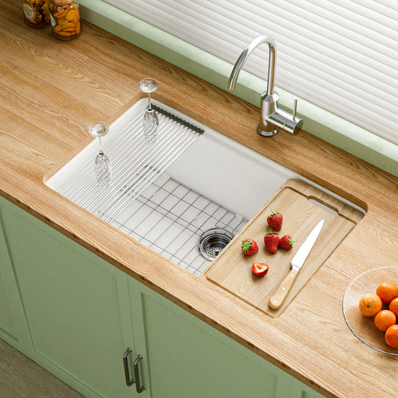 Évier de cuisine encastré en argile réfractaire L 30 po x l 19 po, cuve simple encastrée blanche, installation double, 4 accessoires personnalisés inclus