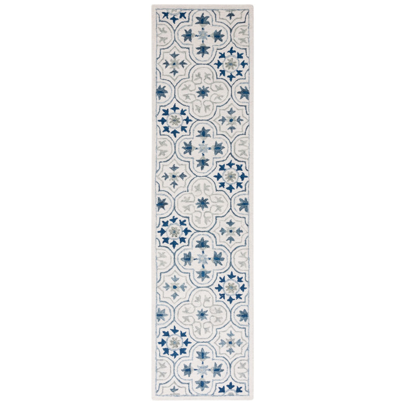 Cendy Micro-Loop Hand Tufted Wool/Cotton Floral Rug in Blue/Ivory, Runner 2'3" x 9'