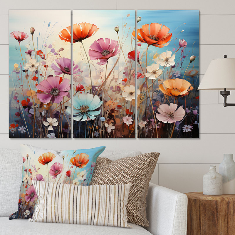 «Wildflowers Floral Symphony Pointillism on Canvas», reproduction de 3 pièces, H 32 po x l 48 po x P 1 po
