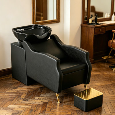 Fauteuil à shampooing professionnel avec bol en céramique et tabouret pour les pieds, station de lavage à contre-courant pour salon, salon de coiffure et spa