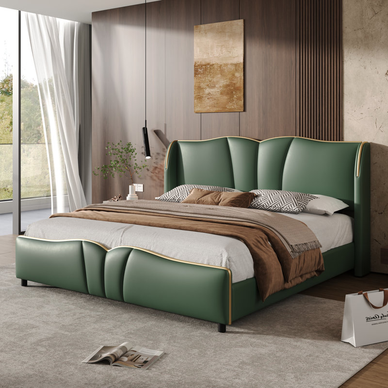 Queen Size Leather Upholstered Bed Frame, Modern Bed Frame With Wingback Head Board, Upholstered Platform Bed With Wavy Footboard, No Spring Box Needed, Dark Green