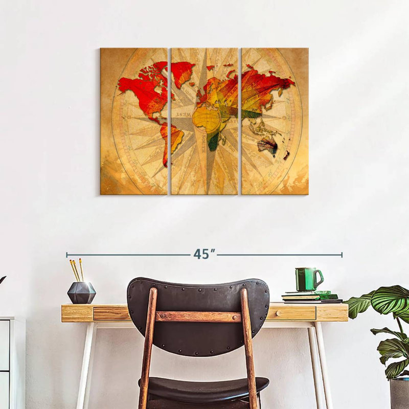 «World Map Old Compass World Map», reproduction sur toile 3 pièces par Tess P, H 24 po x l 38 po x P 1,25 po