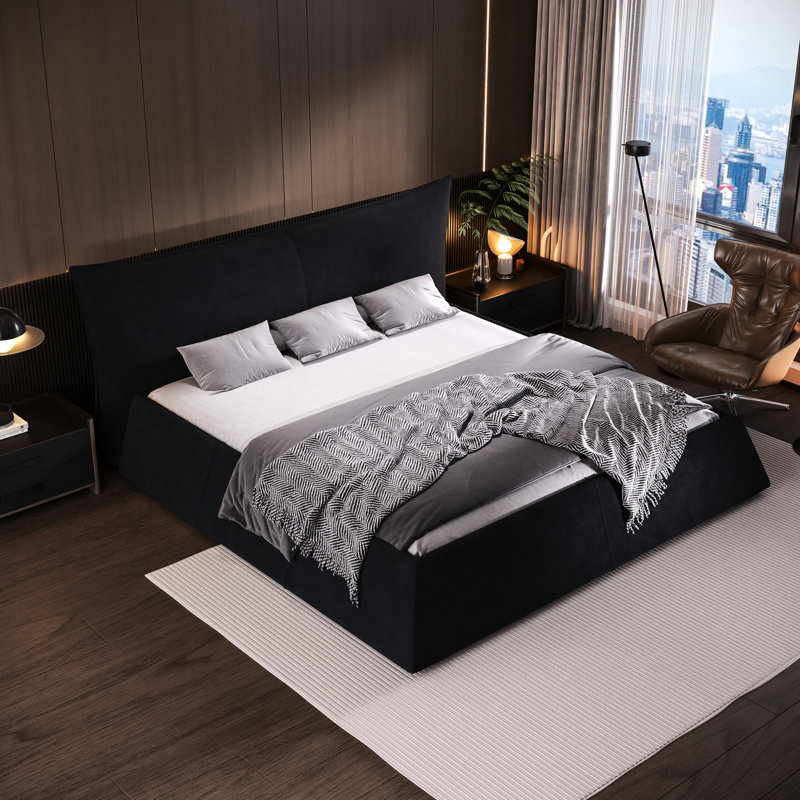 Elegant King Size Bed, Velvet Headboard & Solid Wood Metal Frame - Add A Touch Of Luxury Upholstered Bed In Black Modern Pine