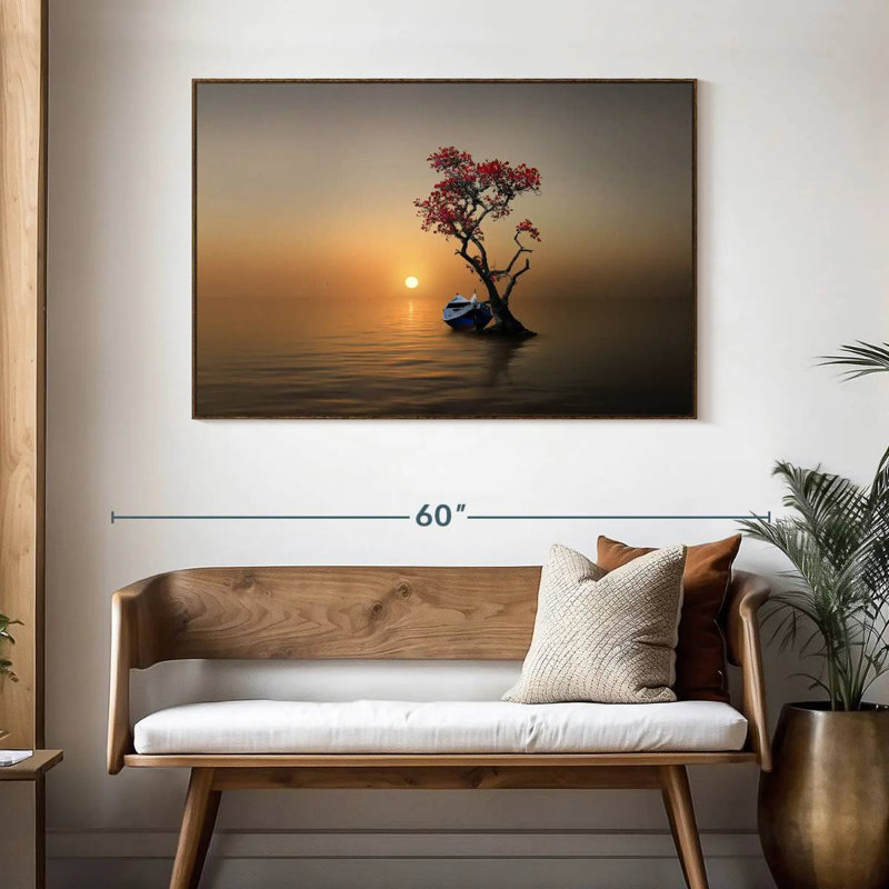 Bateau amarré à un arbre, 46 po x 31 po, Cadre flottant noyer