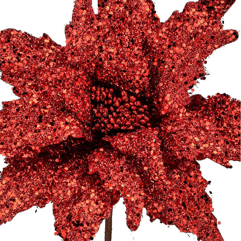 22" Sequin Glitter Poinsettia Stem, Red