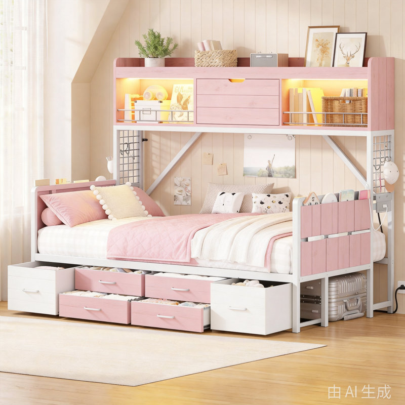 Daybed with High Bookcase & 6 Storage Drawers, 76.4"L x 53.9"W x 60.6"H, Full, Pink