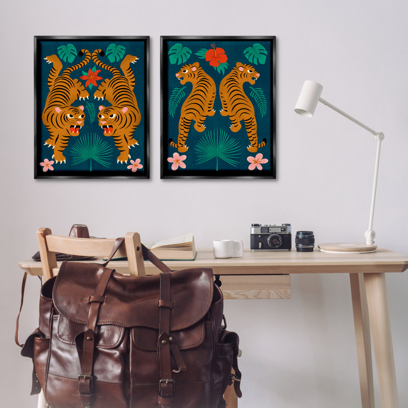 «Twin Jungle Tigers», ensemble de 2 toiles flottantes encadrées par Carrie Cantwell, H 31 po x l 25 po