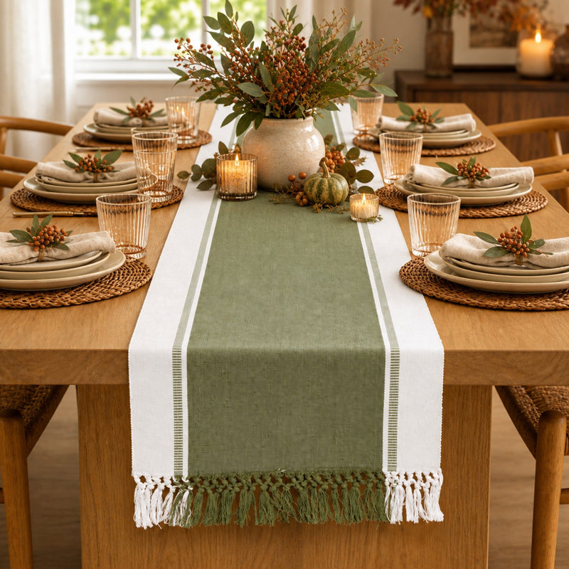 Reed Table Runner, Green/White