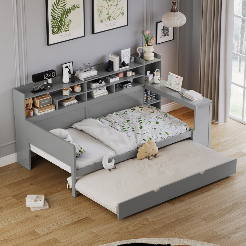 Lit de jour simple en bois avec tablettes de rangement, lit gigogne simple et bureau d'étude - Lit plateforme gris multifonctionnel