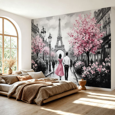 Wall Mural Peel and Stick Wallpaper Oil Painting Street View Paris european city landscape Self-Adhesive Removable Contact Paper Wall Decor for Living Room Bedroom 69"H x 96"W