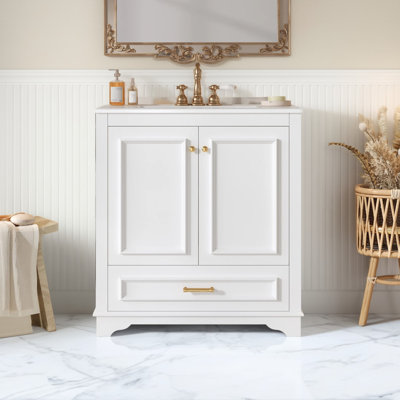 Meuble-lavabo de 30 po avec lavabo en céramique, meuble-lavabo avec 2 portes à fermeture en douceur, détails sculptés et tablette réglable, meuble de rangement de luxe pour salle de bain