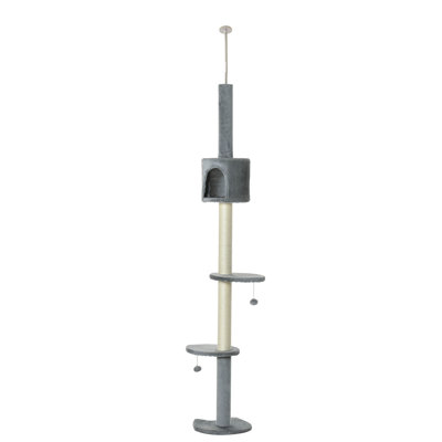 Pawhut 85.5" Cat Tree Height Adjustable Floor-To-Ceiling 4-Tier Kitty Climbing Activity Center Condo Cat Toy With Scratching Post Hanging Balls Play Rest Post Pet Furniture Grey