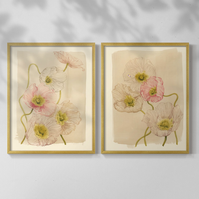 Coquelicots rétro vintage I - impression encadrée de qualité supérieure - prête à être accrochée - aucun clou requis - aucun clou requis