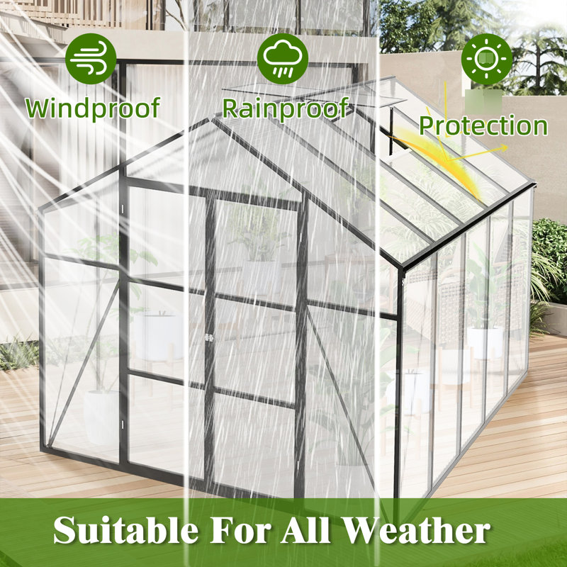 Serre extérieure 8 pi x 10 pi - construction robuste, panneaux en polycarbonate, tout, assemblage spacieux et simple, système de drainage fiable, cadre en aluminium robuste, feuilles, tout