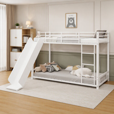 Sturdy Metal Twin Bunk Bed with Slide - Space-Saving Design for Kids and Teens, Durable Frame for Play and Sleep, Easy Assembly, Available in White