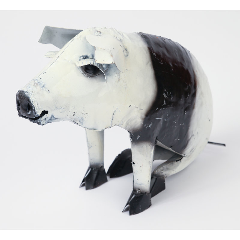 Figurine de cochon assis en métal recyclé Glenburn, Noir / Blanc