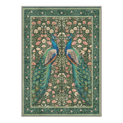 Peafowl Collection Vintage Machine Green Indoor Area Rug with Non-Slip Backing