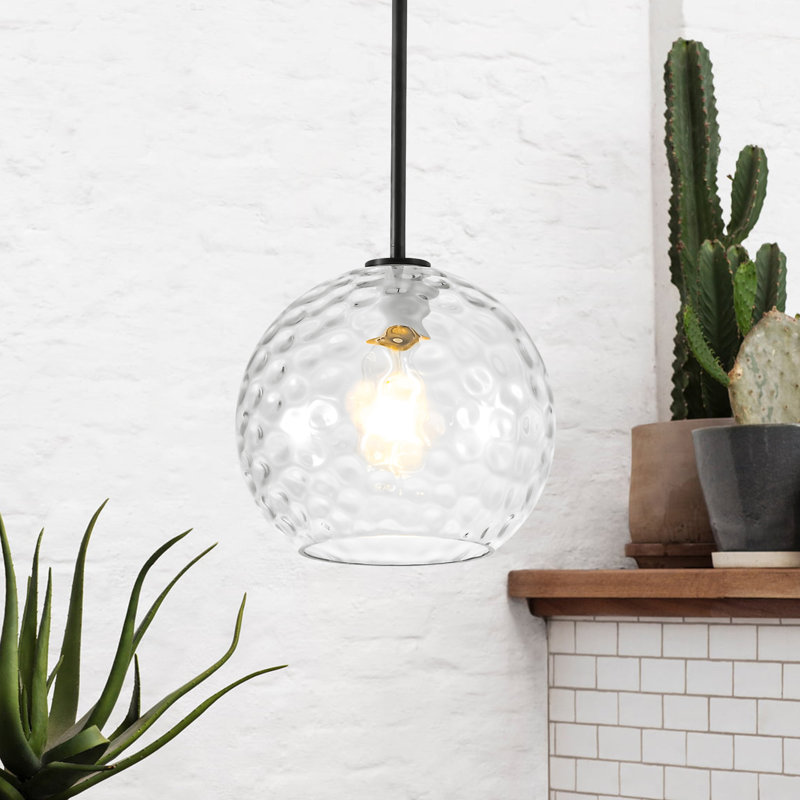 Luminaire suspendu sphère en verre martelé 1 lumière avec verre transparent martelé, Noir mat