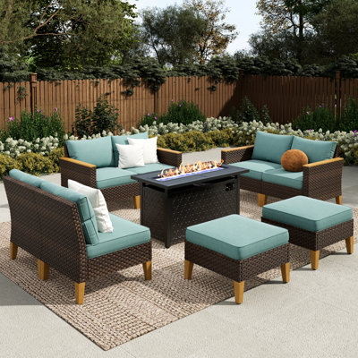 Phenice 9 - Person Wicker Outdoor Patio Conversation Furniture Sectional Set with Fire Pit Table