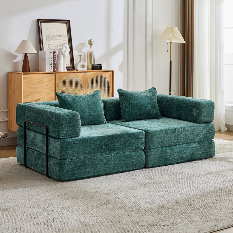 Canapé-lit de plancher convertible à compression avec structure de forme fixe, causeuses modulaires désossées en tissu chenille, aucun assemblage requis