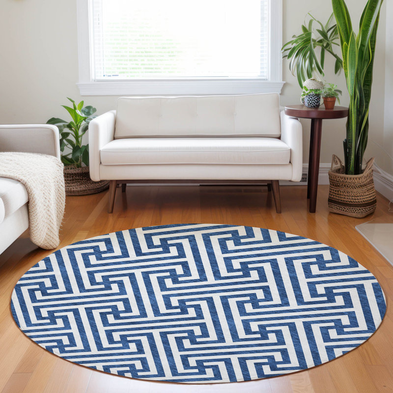 Premium Machine Washable Tweedy Blue Rug, Round 8'