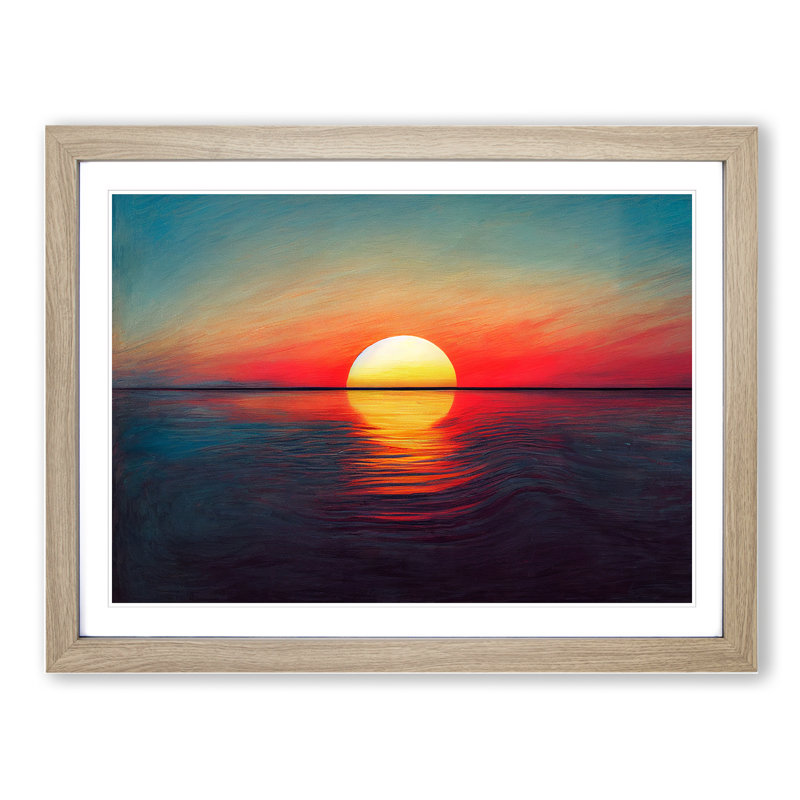 Delightful Ocean Sunset - Single Picture Frame Painting, 25cm H x 34cm W x 2cm D, Oak