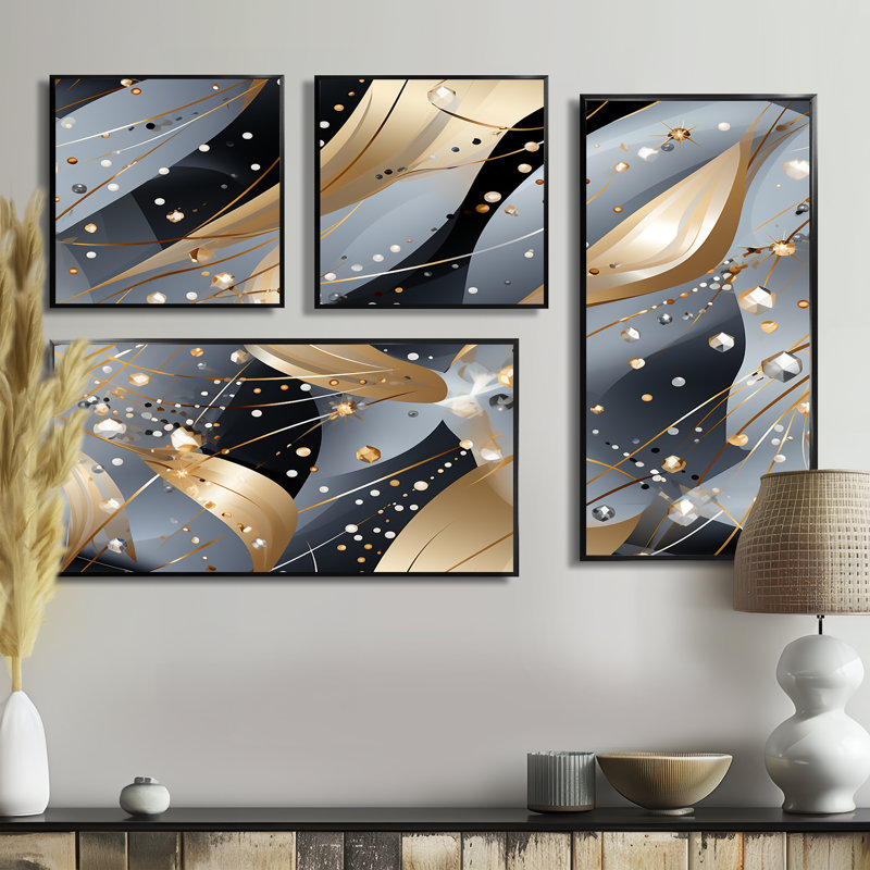 Diamant gris à paillettes glamour - art mural 4 pièces, Impression encadrée sans passe-partout, Noir