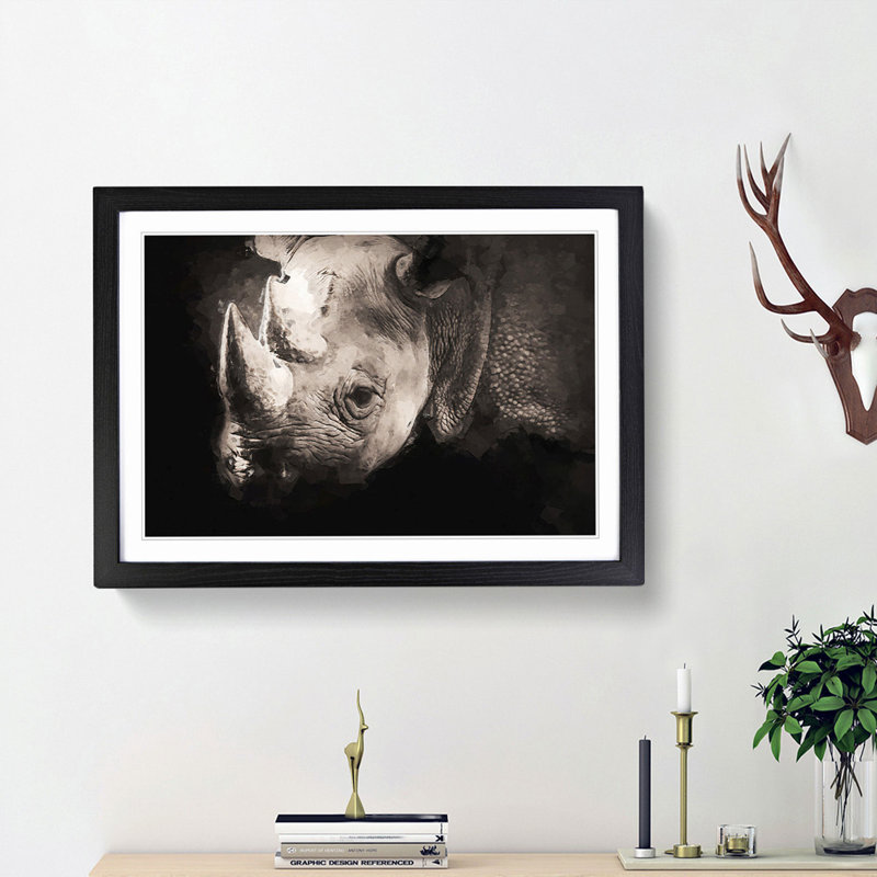 The Gaze of the Rhino in Abstract - Picture Frame Graphic Art Print, Black Framed, 62cm H x 87cm W x 2cm D