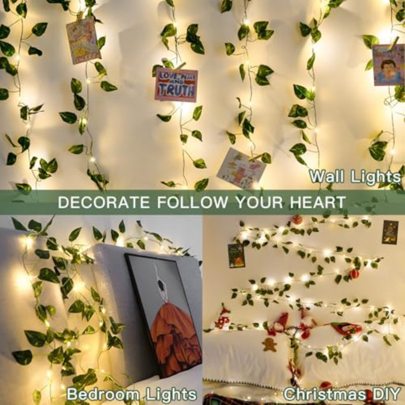 Vigne avec guirlandes de lumières à piles, guirlande de lumières à DEL 33 pi 100 avec télécommande, lumières à feuilles pour chambre à coucher, chambre, mur, jardin, fête, dortoir de mariage (blanc chaud)