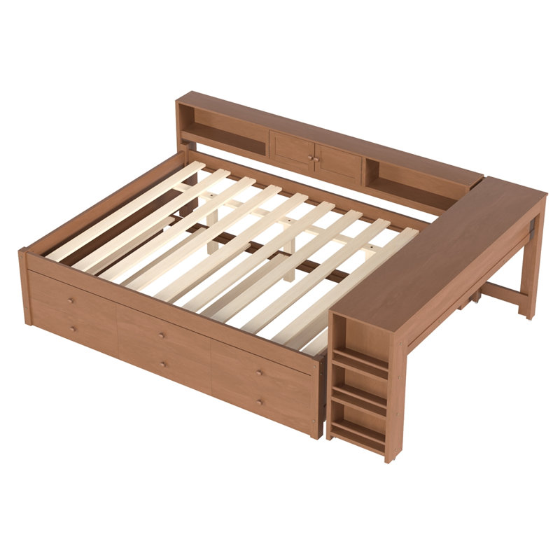 Daybed With Trundle,Wood Daybed Frame with Storage Drawers,Side Shelves and Desk, Full/Double, Brown