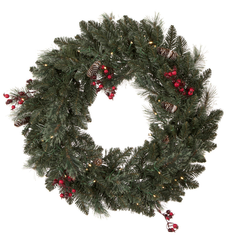 Vickerman Artificial 4 Piece Decorated Front Door Set with 200 Battery Operated Warm White 3MM LED lights. Includes two 3.5' Potted Trees, one 30" Wreath and one 9' Garland.