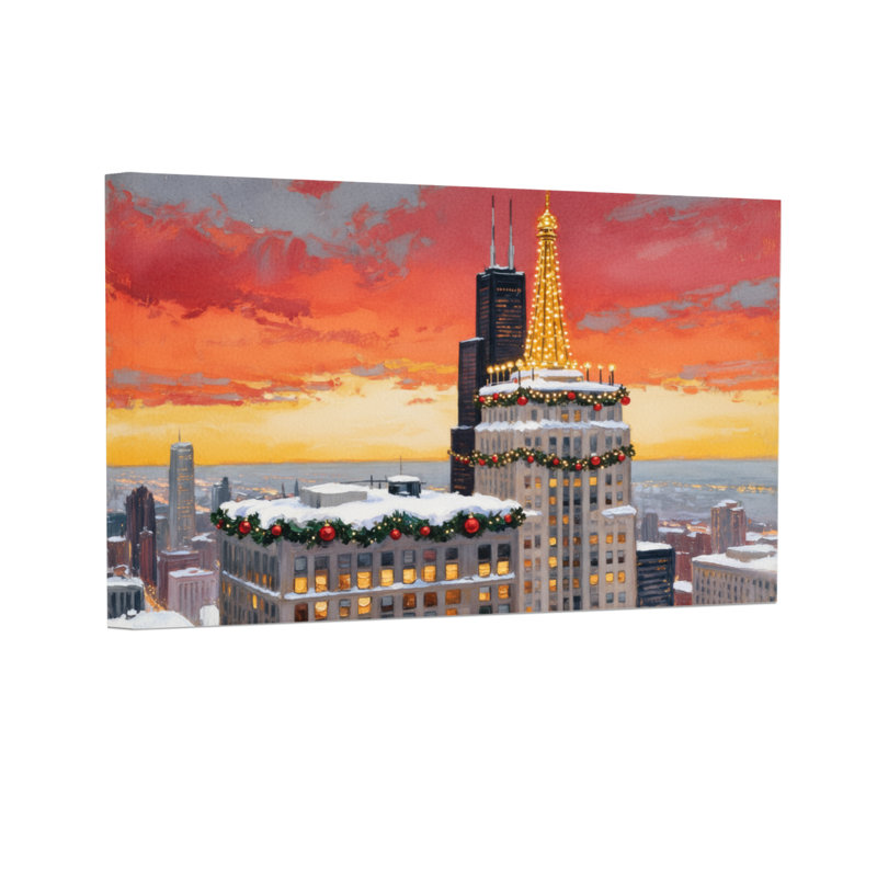 Décorations de Noël gratte-ciel coucher de soleil, H 20 po x l 30 po