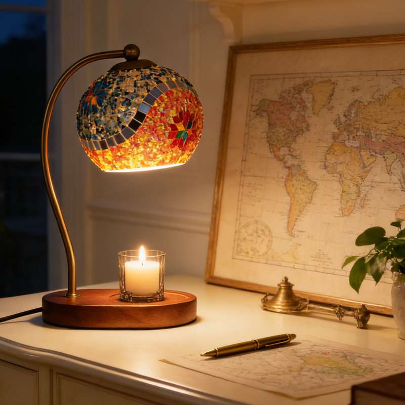 Lampe de table bohémienne en verre mosaïque, éclairage à intensité variable, éclairage décoratif floral coloré avec plateau à bougie en bois