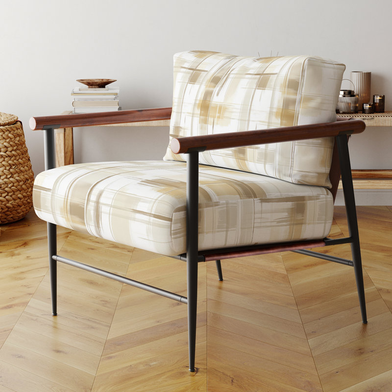 Chaise d'appoint Country Farmhouse - Fauteuil brun à carreaux neutre, Bras ronds bruns