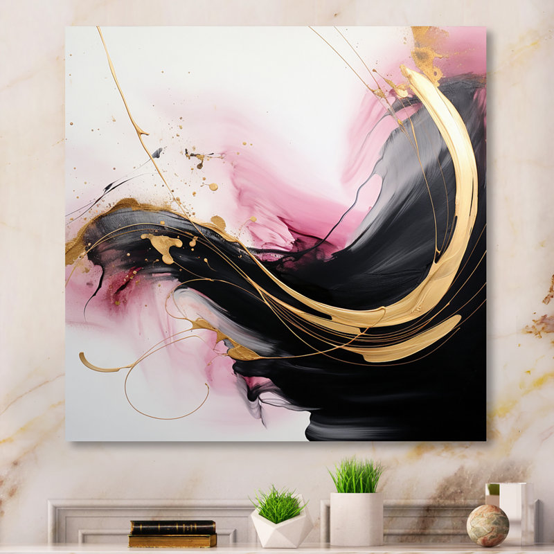 Abstrait, vague d'or rose et noir I - art abstrait sur toile, H 36 po x l 36 po x P 1,5 po, Toile tendue
