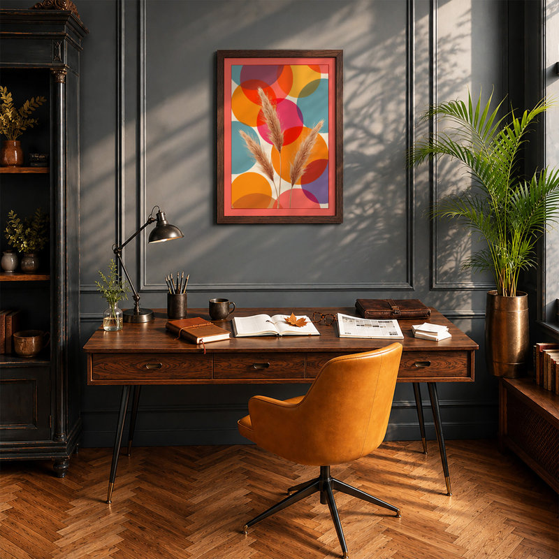 Wheat and Geometric Light Botanical - Framed Print, A2 - 59.4 x 42.0 cm, Walnut