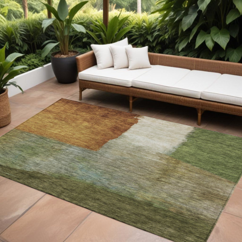 Tapis extérieur lavable abstrait 8 pi x 10 pi vert cuivre et beige