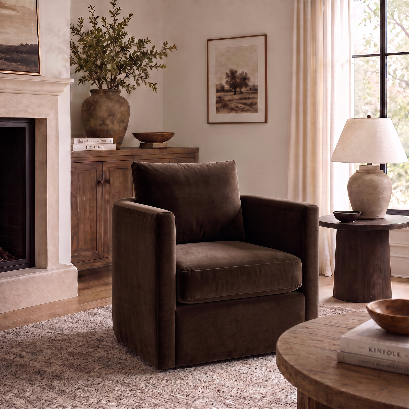 Carmella Upholstered Swivel Barrel Chair, Nave Bark Performance Distressed Velvet