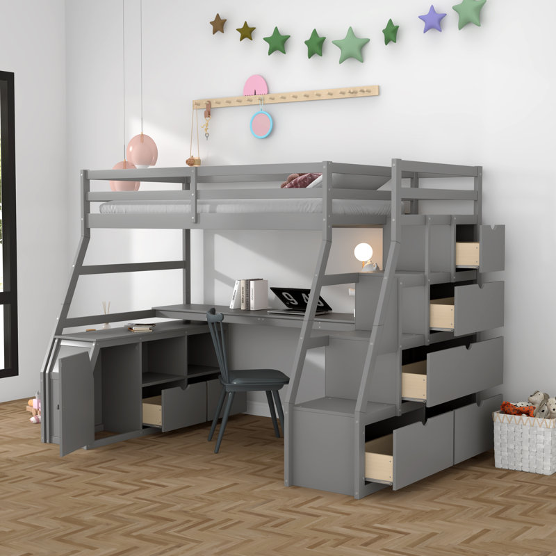 Lit mezzanine simple avec tiroirs Graettter, gris