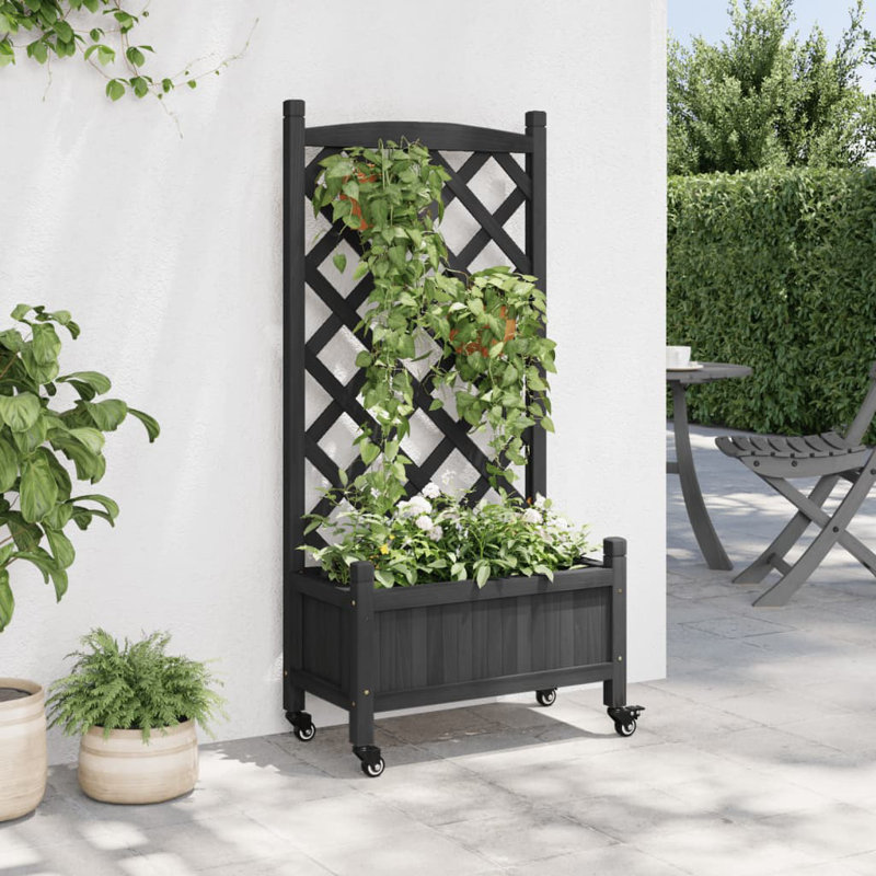 Black Solid Wood Fir Planter with Trellis and Wheels