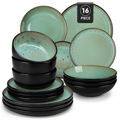 16 Pieces Dinnerware, Pocelain Round Plate, Dinner Plate, Dessert Plate, Soup Bowl And Bowl With Vertical Edge, Serve For 4 Person, Blue And Black