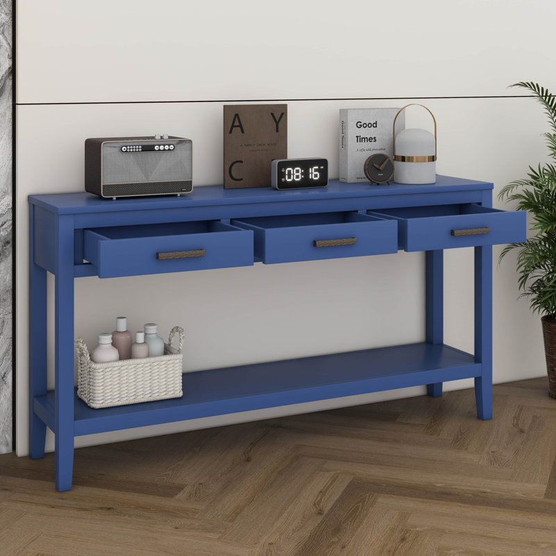 Console de 62,2 po avec 3 tiroirs, table d'entrée peinte avec tablette inférieure ouverte, canapé minimaliste, Marine