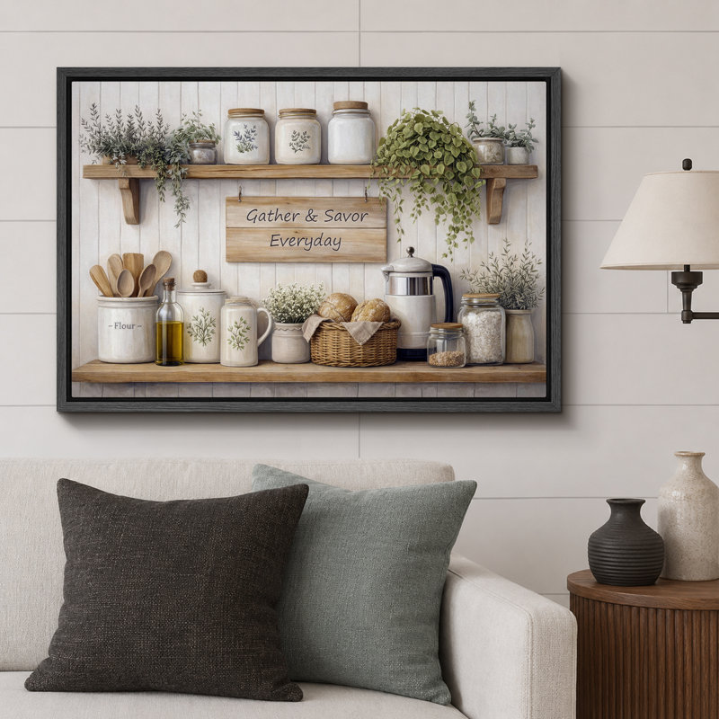 «Gather And Savour Everyday Farmhouse Tablette de cuisine», images de cuisine, impression sur toile encadrée, Cadre noir