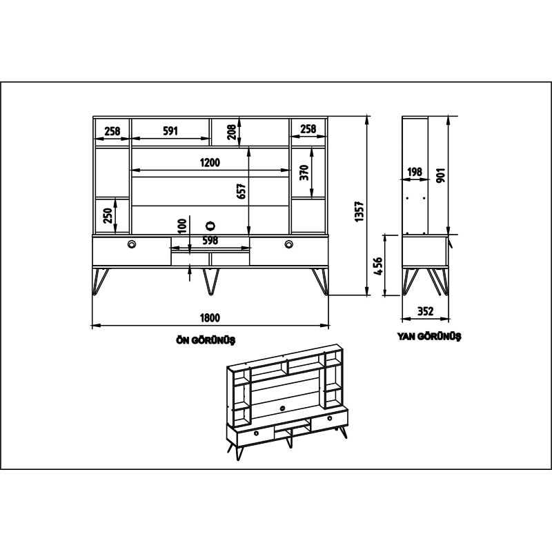 Modern TV Unit with Metal Legs, Walnut & Black Color, 70.9 x 53.4 x 13.9 inches | 100% Melamine Coated Particle Board, 0.7 inches Thickness | 2 Drawers, Numerous Shelves, Wall-Mountable, Stylish & Functional Storage Solution