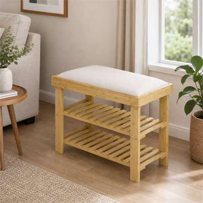 three tier bamboo shoe storage bench with beige padded cushion home shoe organizer for entryway hallway