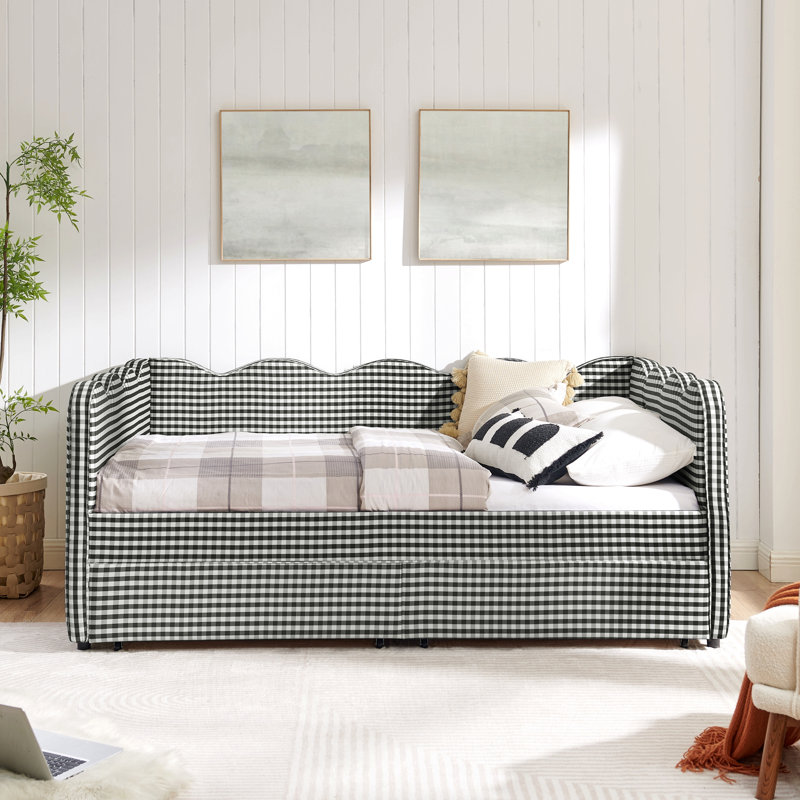 Lit de jour en vichy double avec deux tiroirs de rangement, port USB et adorable tissu en forme de vague