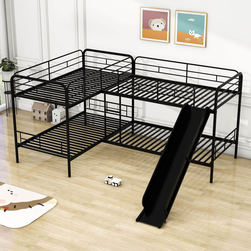 Alfortville Twin Over Twin Metal L-Shaped Bunk Beds with Slide, Black