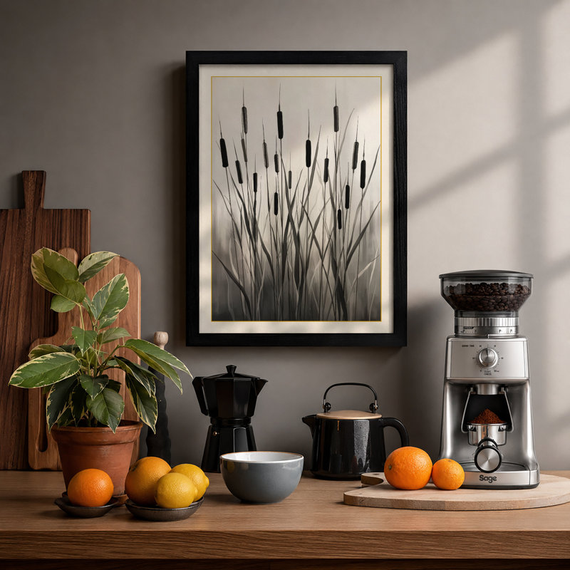 Marsh Grasses Study Botanical - Framed Print, A2 - 59.4 x 42.0 cm, Black